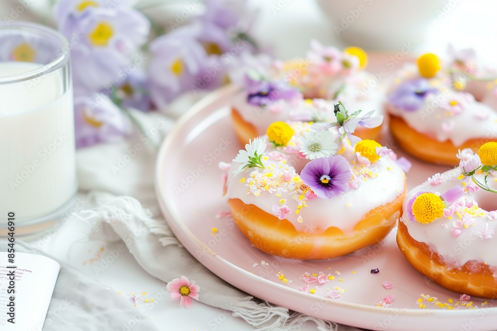 stylish brunch setup featuring donuts topped with edible flowers and pastel icing, placed on a blush pink plate. stylish brunch setup featuring donuts topped with edible flowers and pastel icing, placed on a blush pink plate.