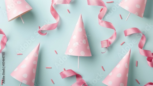 Pink party hats and curly ribbons on a pale blue backdrop photo