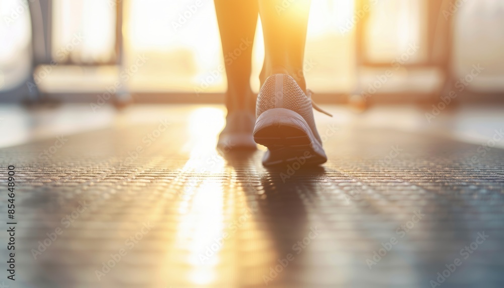Close-up of a person walking on a treadmill in a gym with sunlight streaming through the windows, emphasizing fitness and health. Close-up of a person walking on a treadmill in a gym with sunlight streaming through the windows, emphasizing fitness and health.
