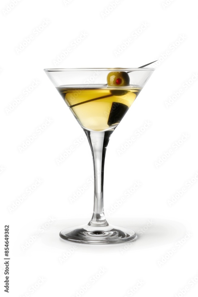 A classic cocktail glass filled with a single olive sitting on the rim A classic cocktail glass filled with a single olive sitting on the rim