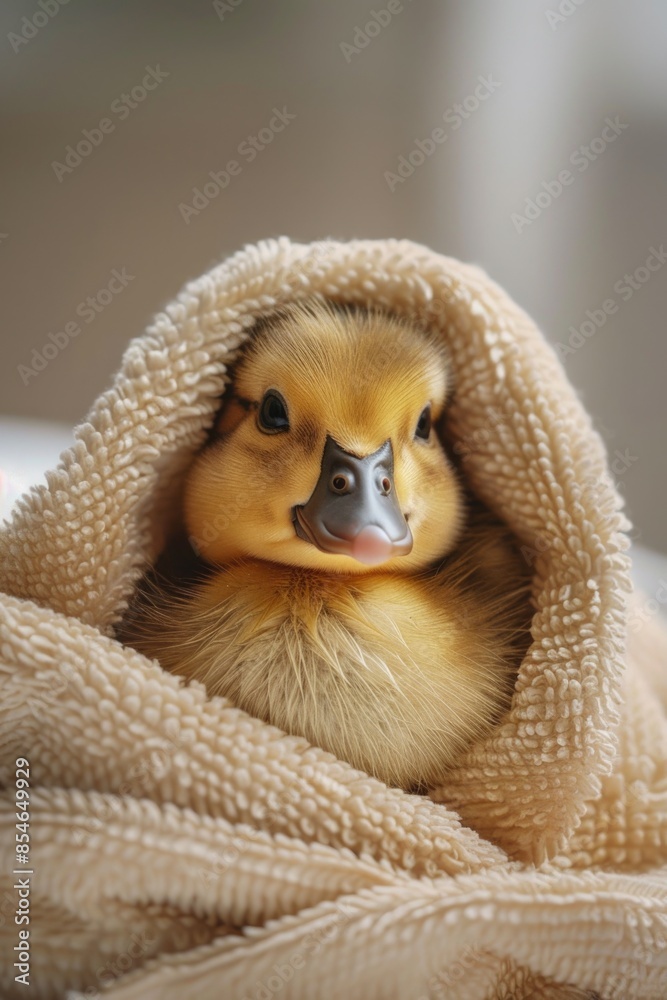 Obraz premium Cozy duck wrapped in a warm blanket, perfect for winter scenes or baby animal themes