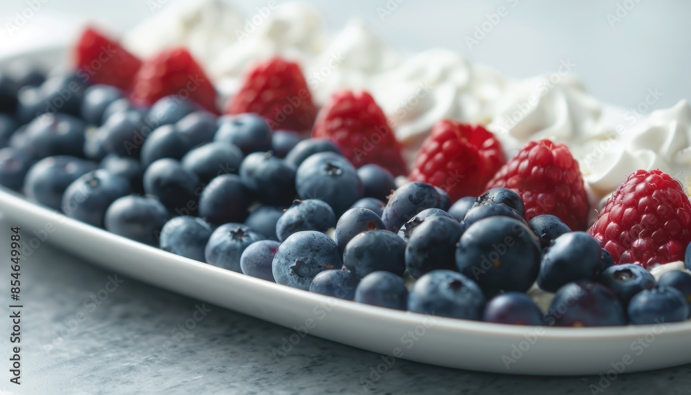 Close-up of fresh blueberries and raspberries with whipped cream on a white platter, perfect for a healthy breakfast or dessert. Close-up of fresh blueberries and raspberries with whipped cream on a white platter, perfect for a healthy breakfast or dessert.