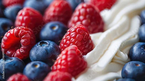 Obraz  z motywem Close-up of fresh blueberries, raspberries, and whipped cream. A delicious and colorful dessert perfect for summer treats.
