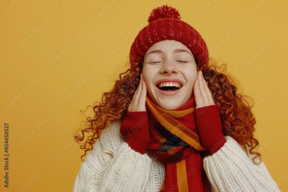 A portrait of a woman with curly hair and stylish outfit, featuring a bright red hat and matching scarf A portrait of a woman with curly hair and stylish outfit, featuring a bright red hat and matching scarf
