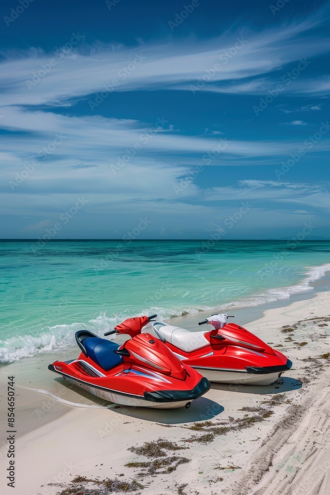Jet Ski parked on a beautiful, peaceful beach. Jet Ski parked on a beautiful, peaceful beach.