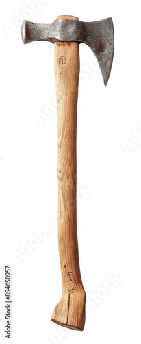 A wooden-handled axe with a sharp metal head. isolated on a white background. photo