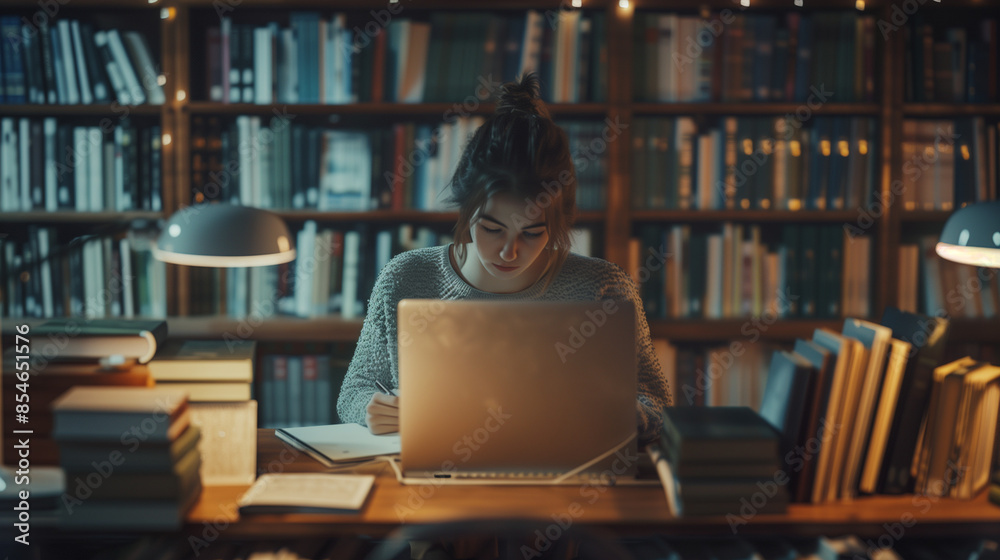 Focused young woman studying in a cozy, warmly-lit library surrounded by bookshelves, using a laptop and taking notes with concentration Focused young woman studying in a cozy, warmly-lit library surrounded by bookshelves, using a laptop and taking notes with concentration