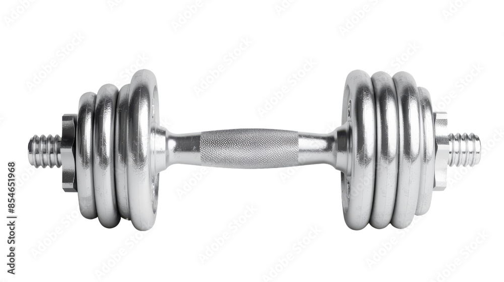 A silver adjustable dumbbell with multiple weight plates isolated on a white background. A silver adjustable dumbbell with multiple weight plates isolated on a white background.