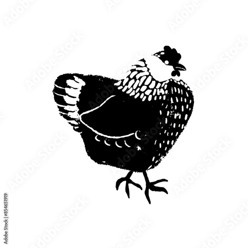 Black and white block print technique hen icon, symbol. Hen illustration, outline, sihouette.