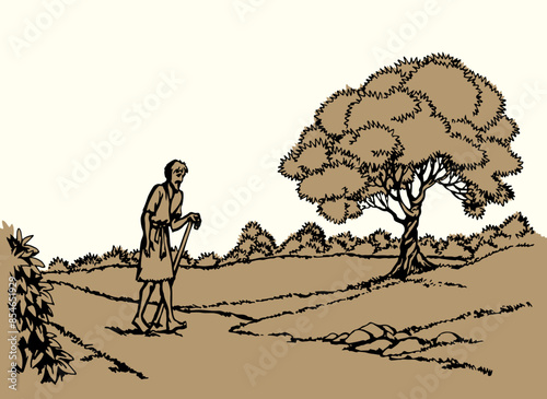 Vector drawing. Poor man going by the road