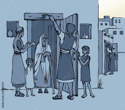 Vector drawing. The family fulfills God's command. Anoints the doorposts with the blood of the lamb