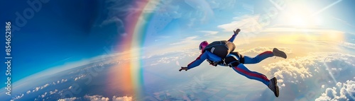 Skydiver diving through a vibrant rainbow in the serene sky © doraclub