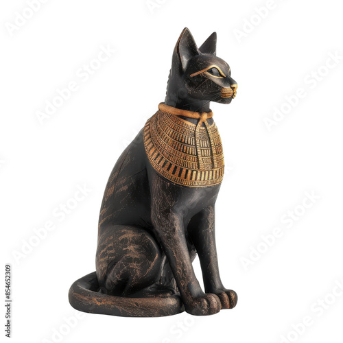 A black cat figurine with gold trim, sitting in a regal pose.  Ancient Egyptian style.  Perfect for home decor or collectors. isolated on a white background.