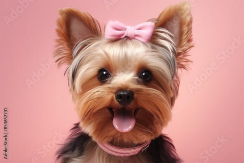 Portrait of a smiling yorkshire terrier on pastel pink background © Markus Schröder