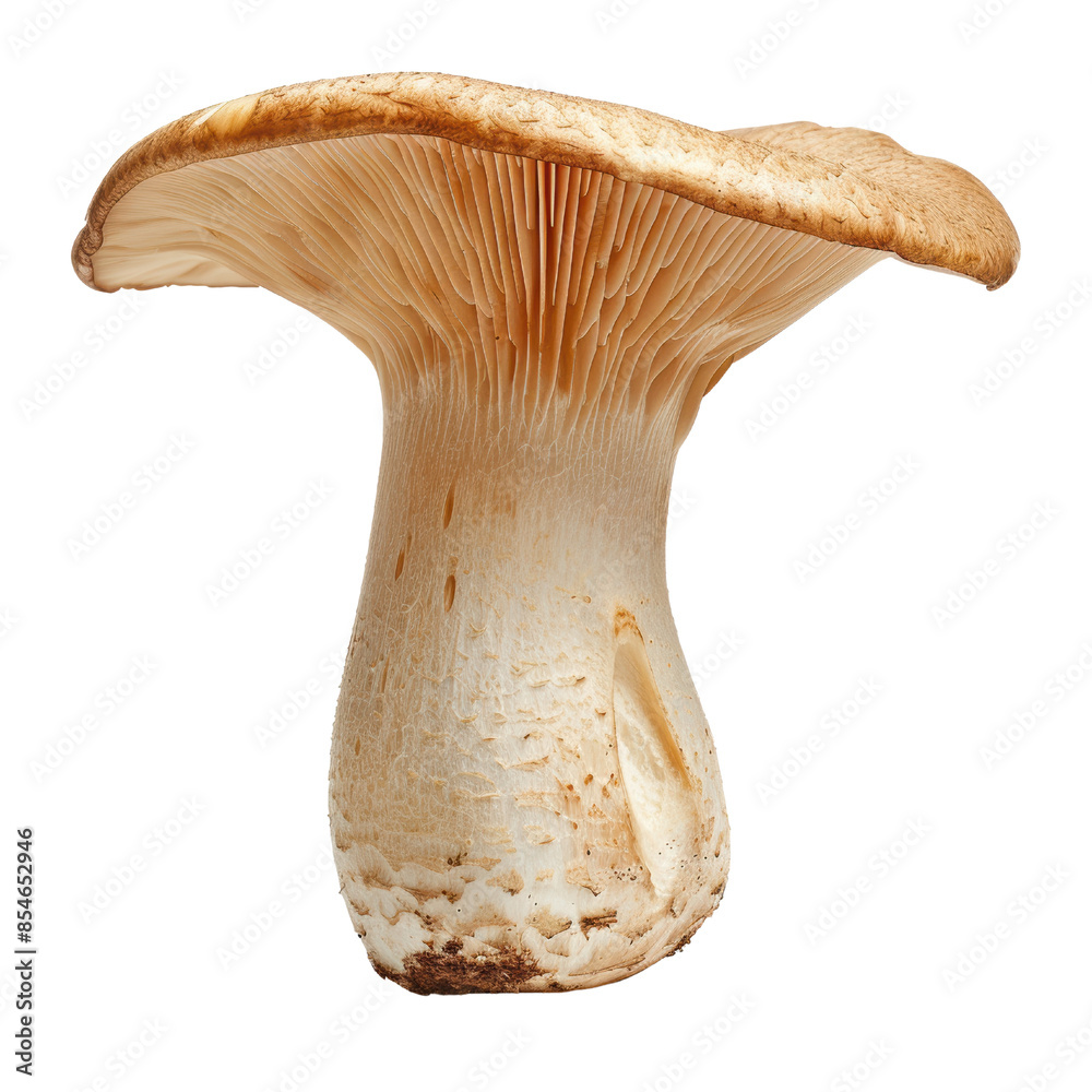 A single, fresh king oyster mushroom with a light brown cap and white stem, isolated on a white background. A single, fresh king oyster mushroom with a light brown cap and white stem, isolated on a white background.