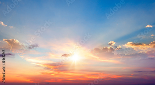 Fototapeta Naklejka Na Ścianę i Meble -  Beautiful sky background - Sunset Sunrise sky with light clouds and real sun
