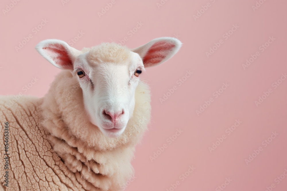 Fototapeta premium Whimsical portrait of a sheep against a pink background, capturing the charm and simplicity of farm life. Ideal for animal-themed and playful projects.