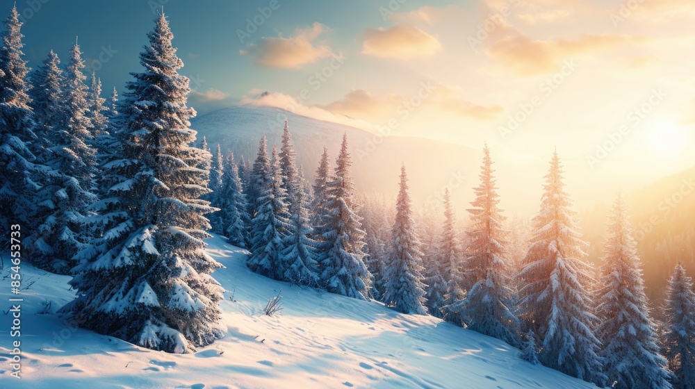 A snowy mountain with pine trees in the foreground, great for winter or nature scenes A snowy mountain with pine trees in the foreground, great for winter or nature scenes