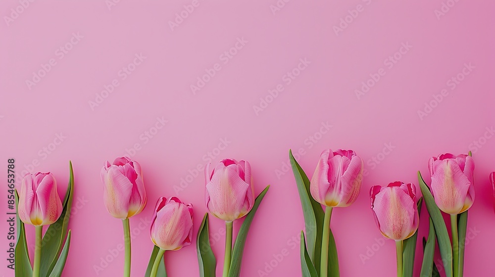 Row of Pink Tulips Against Pastel Background, Web Banner Design with Copyspace Style Row of Pink Tulips Against Pastel Background, Web Banner Design with Copyspace Style