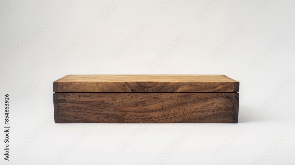 Fototapeta premium A wooden box sits atop a clean and minimalist white surface, ideal for showcasing or displaying small items