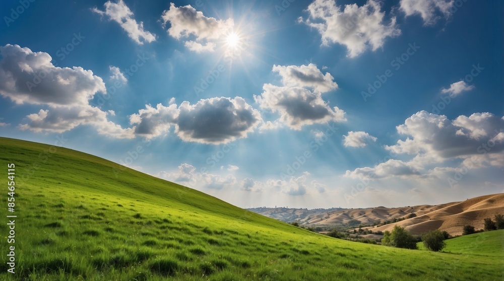 Fototapeta premium Endless green hill, meadows, blue sky with white clouds, sunrise, peace. Space for text