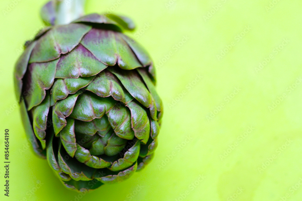 Fototapeta premium Purple artichoke on green background.