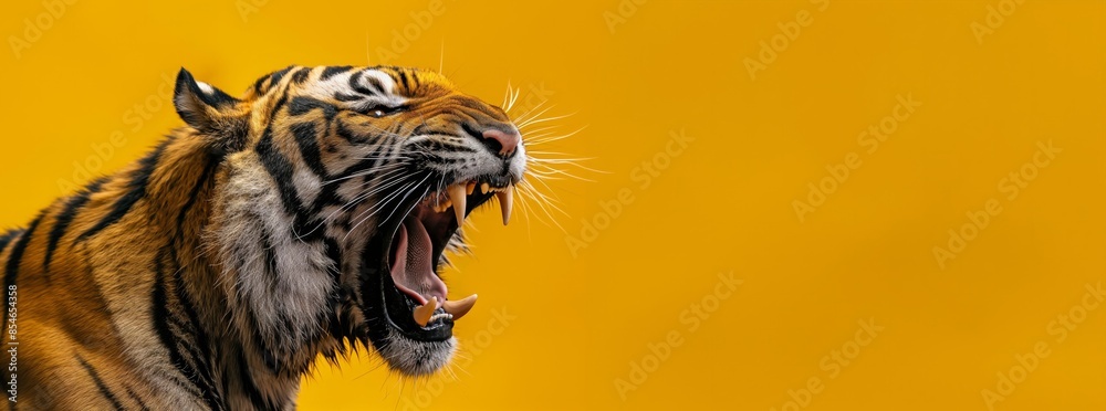 Powerful image of a roaring tiger against a vibrant yellow background, capturing the essence of wild strength and energy. Ideal for wildlife and nature-themed projects. Powerful image of a roaring tiger against a vibrant yellow background, capturing the essence of wild strength and energy. Ideal for wildlife and nature-themed projects.