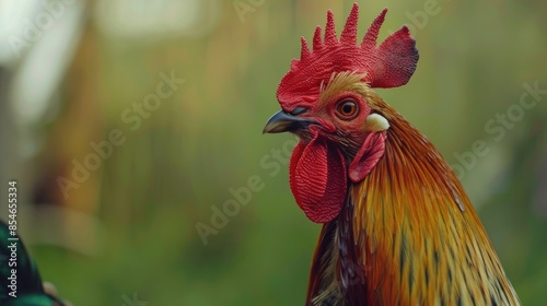 Colorful rooster with red comb on green background in countryside farm setting © 2rogan