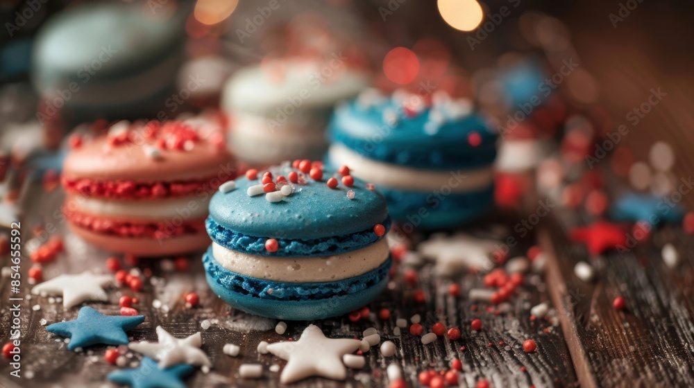 Festive red, white, and blue macarons with sprinkles on a rustic wooden table, perfect for holiday celebrations and patriotic events. Festive red, white, and blue macarons with sprinkles on a rustic wooden table, perfect for holiday celebrations and patriotic events.