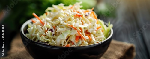 Fresh homemade coleslaw in a black bowl on a rustic table. Crisp cabbage, carrots, and creamy dressing create a delicious side dish. photo