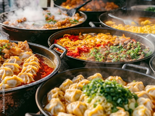 A variety of Asian dishes, including dumplings and noodles, are displayed in large, steaming pans.
