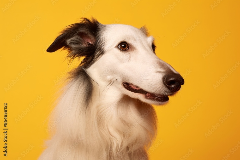 Portrait of a happy borzoi isolated on pastel yellow background Portrait of a happy borzoi isolated on pastel yellow background