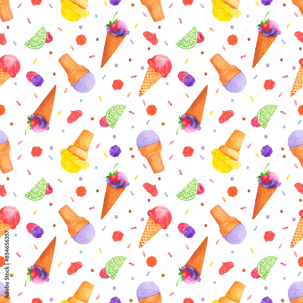 Hand drawn watercolor ice-cream cone and berries seamless pattern isolated on white background. Can be used for textile, fabric, wrapping and other printed products. Hand drawn watercolor ice-cream cone and berries seamless pattern isolated on white background. Can be used for textile, fabric, wrapping and other printed products.