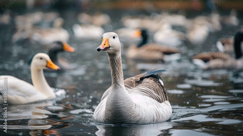 Fototapeta premium Scania goose swimming in a pond with grey lag goose and orange beak Copy space