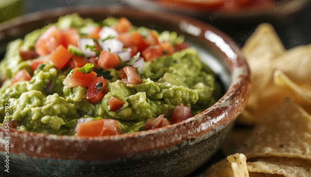 Handcrafted guacamole topped with fresh diced tomatoes and herbs, served with crispy tortilla chips. Handcrafted guacamole topped with fresh diced tomatoes and herbs, served with crispy tortilla chips.