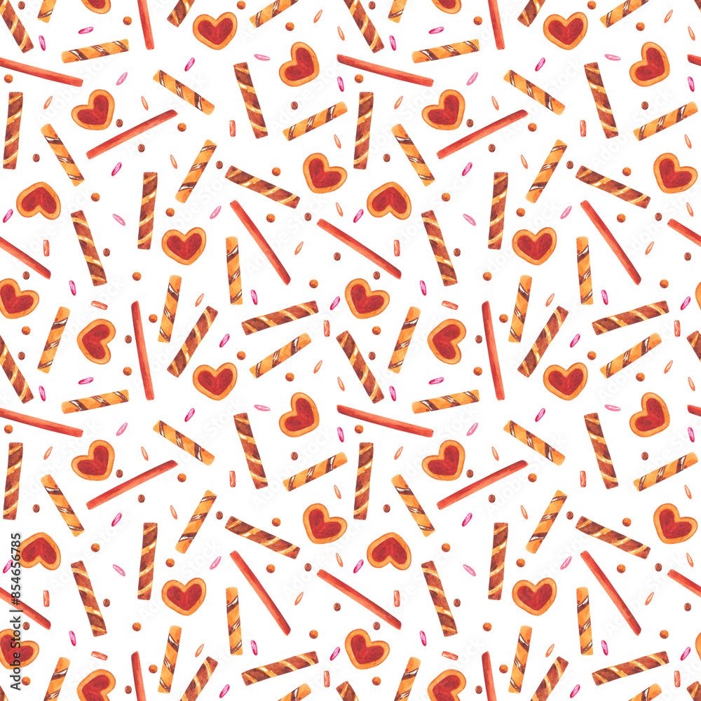 Hand drawn watercolor sweets and biscuits seamless pattern isolated on white background. Can be used for textile, fabric, wrapping and other printed products. Hand drawn watercolor sweets and biscuits seamless pattern isolated on white background. Can be used for textile, fabric, wrapping and other printed products.
