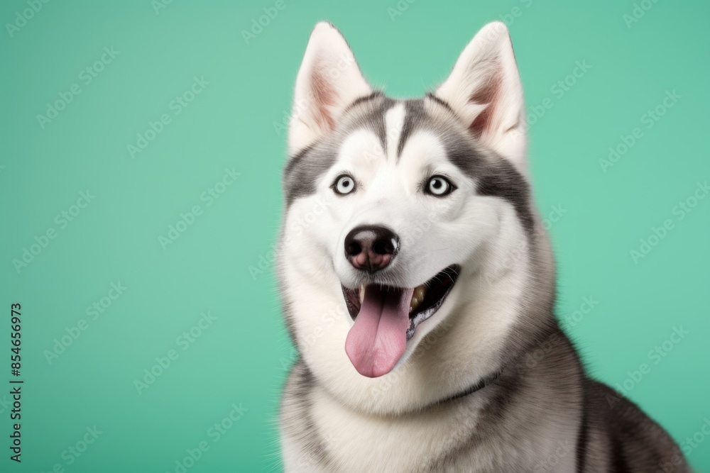 Fototapeta premium Portrait of a cute siberian husky while standing against pastel green background