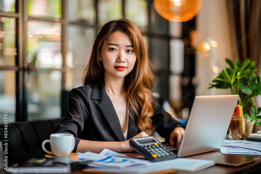 Confident businesswoman working on a laptop at her desk in a modern office. Professional setting with paperwork and a calculator. Confident businesswoman working on a laptop at her desk in a modern office. Professional setting with paperwork and a calculator.