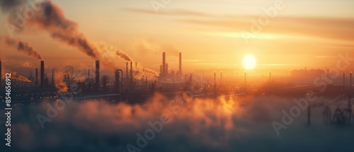 Industrial landscape with factories emitting smoke at sunset, illustrating air pollution and environmental impact.