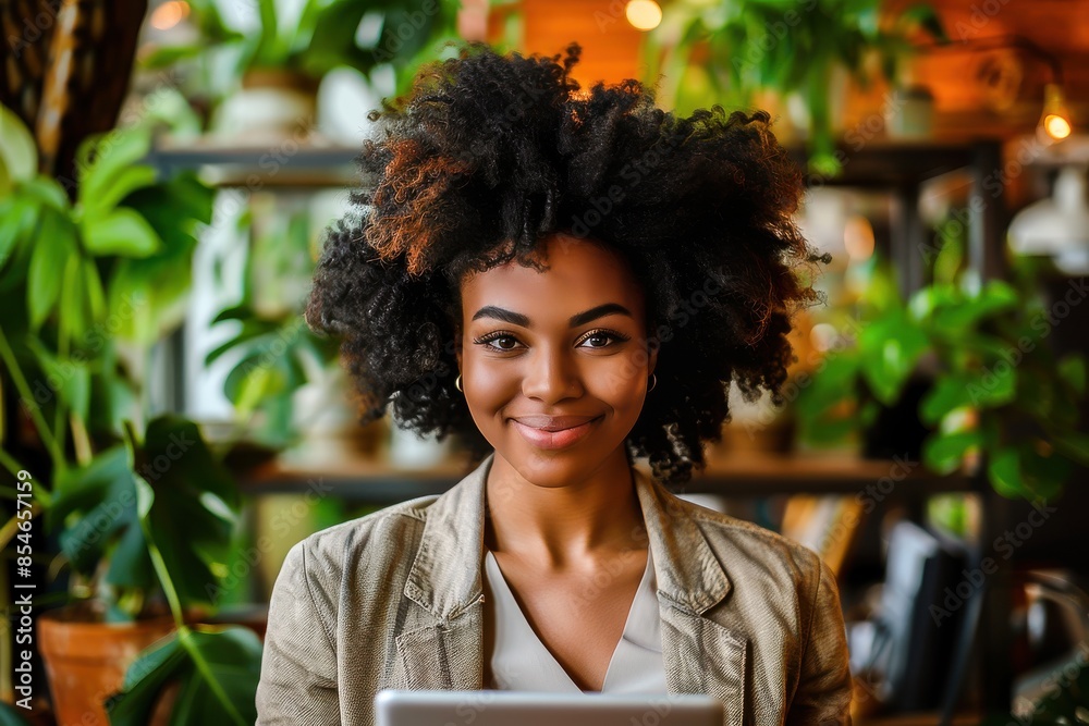 A confident and smiling young African American woman with afro hair working on a laptop in a modern office with plants. Casual and professional workspace. A confident and smiling young African American woman with afro hair working on a laptop in a modern office with plants. Casual and professional workspace.