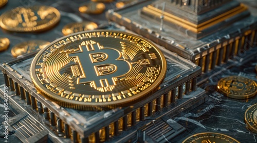 Close-up of a golden Bitcoin coin on a futuristic metallic platform.