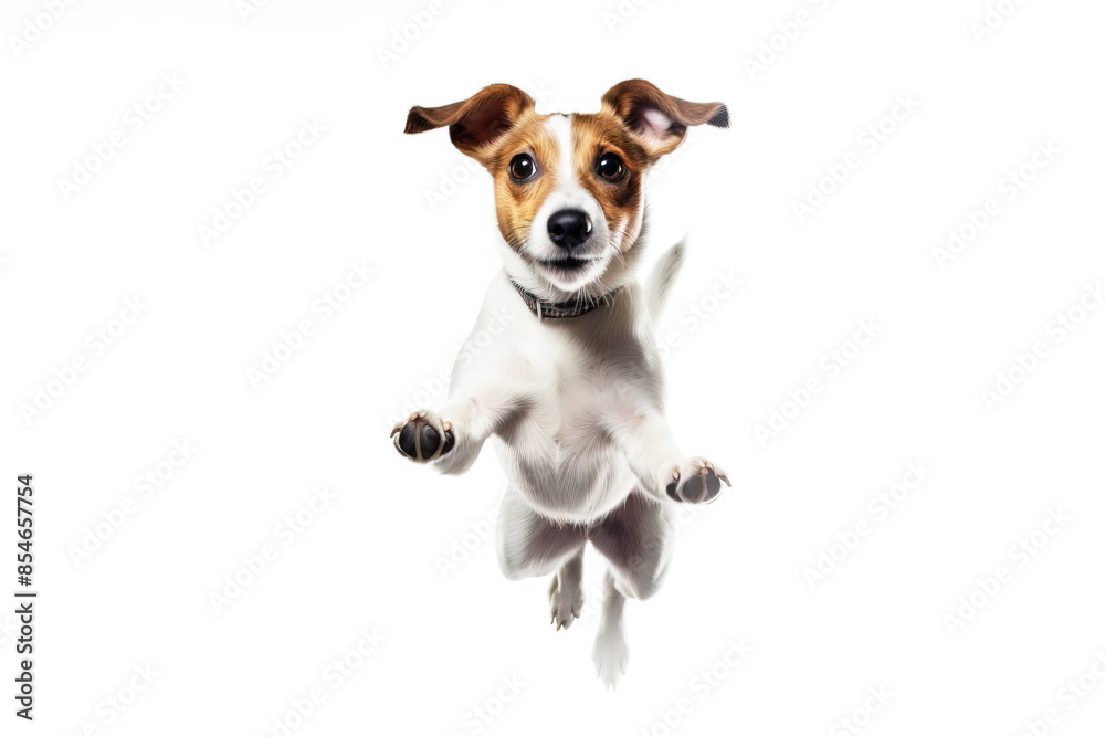 A cheerful Jack Russell dog jumps with his tongue out for food. White background isolate and close-up. AI generated. A cheerful Jack Russell dog jumps with his tongue out for food. White background isolate and close-up. AI generated.