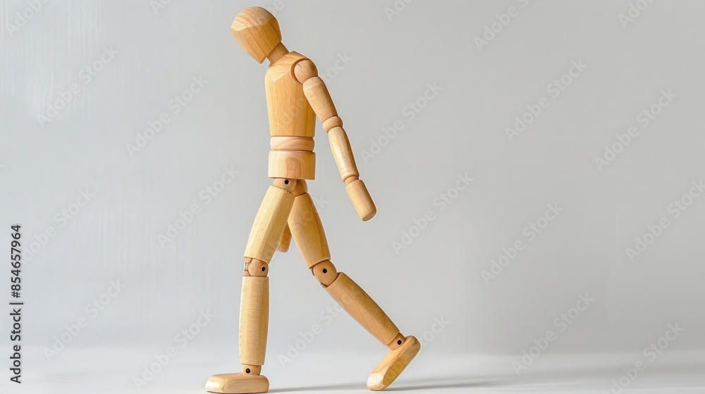 Wooden mannequin stepping downward isolated with copy space Wooden mannequin stepping downward isolated with copy space