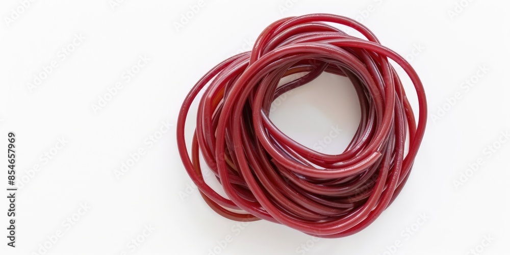 A collection of red rubber bands placed on a clean white surface, great for illustration or design concepts A collection of red rubber bands placed on a clean white surface, great for illustration or design concepts