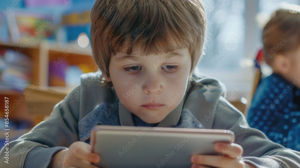 Young boy working on his tablet in a study setting Young boy working on his tablet in a study setting