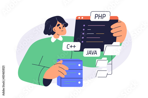 Coding, programming, back-end development concept. Software engineer working with different computer languages. Coder, programmer and scripts. Flat vector illustration isolated on white background