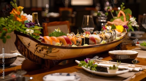 A delectable sushi boat filled with an assortment of nigiri, sashimi © Graci