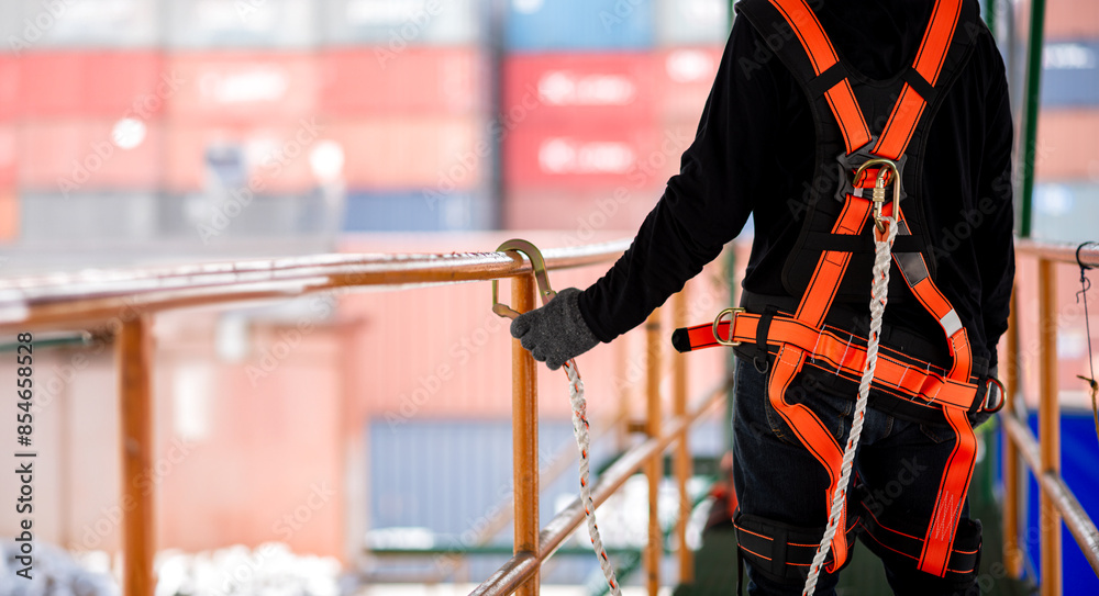Inspector wear seat belts and protective equipment before working at heights to ensure safety while working. Safety Equipment Inspector wear seat belts and protective equipment before working at heights to ensure safety while working. Safety Equipment