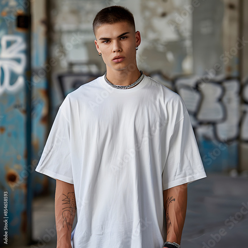 Man model using oversize white round collar t-shirt with minimalist industrial background Generative AI