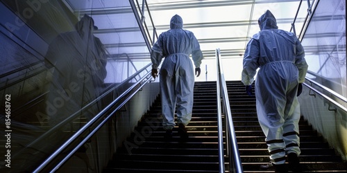 Two individuals wearing protective gear descending on an escalator